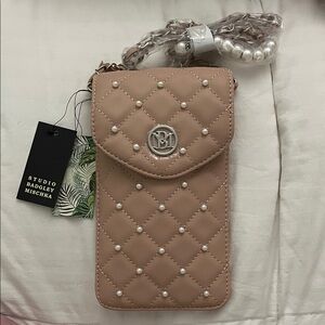 Badgley Mischka Pearl-Studded Tan Quilted Crossbody